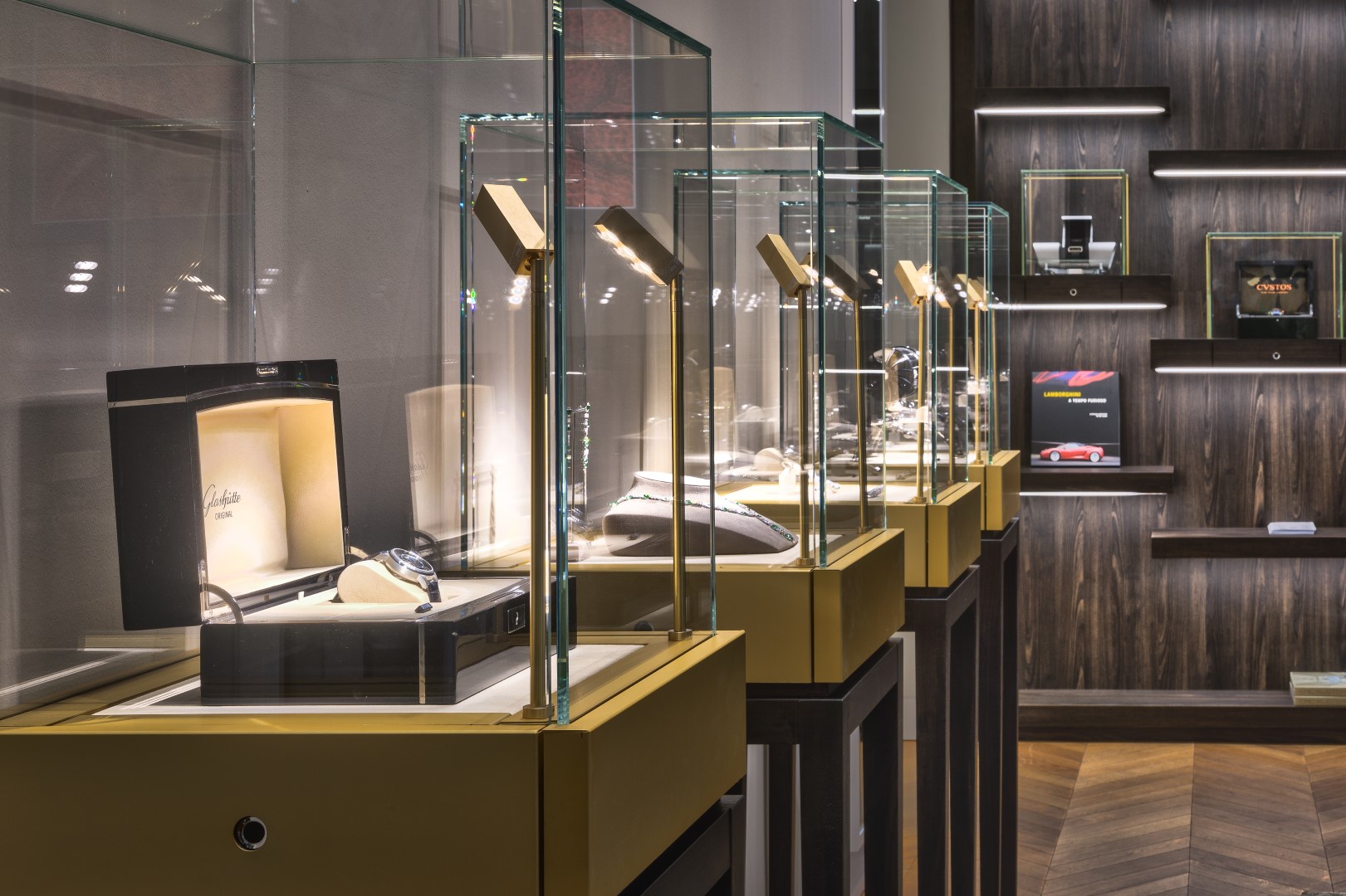 jewelery presented in illuminated showcase in luxurious interior